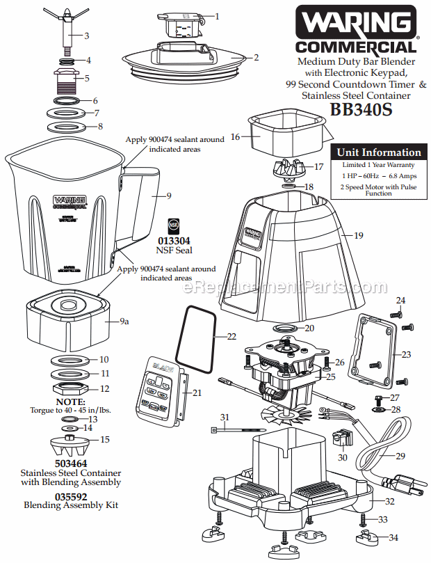Waring BB340S Medium Duty Bar Blender w/Electronic Keypad, Timer, & SS Container Page A Diagram