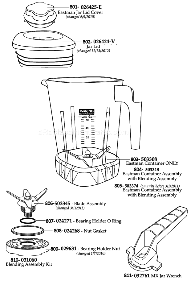 Waring CAC93 (033035) BPA-Free Eastman Container 48_Oz_Jar_With_Lid_For_Mx_Series_Blenders Diagram