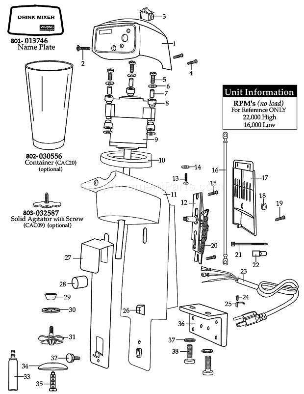 Waring DMC90M Wall/ Cabinet Mount Drink Mixer Comes_With_Omelette_Agitator Diagram