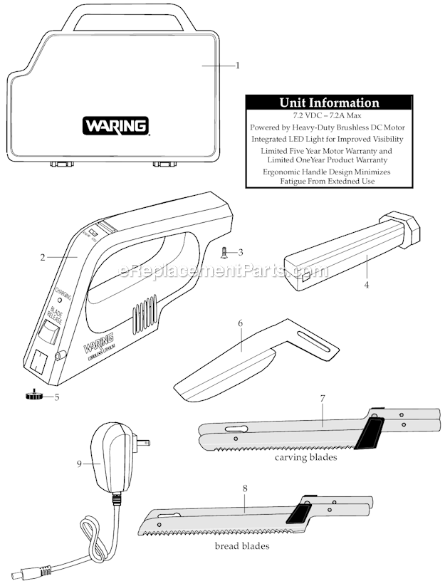 Waring EK120WS Cordless Lithium Electric Knife Page A Diagram