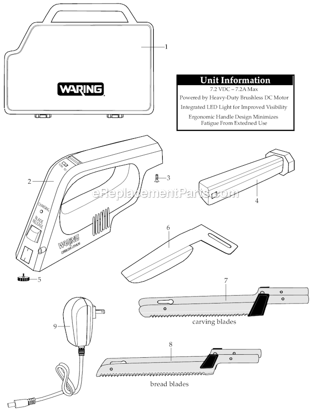 Waring WEK200 Cordless Lithium Electric Knife Page A Diagram