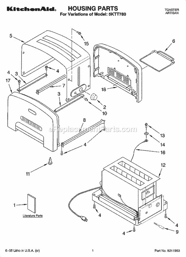 Whirlpool 5KTT780 Artisan Toaster Housing Parts Diagram