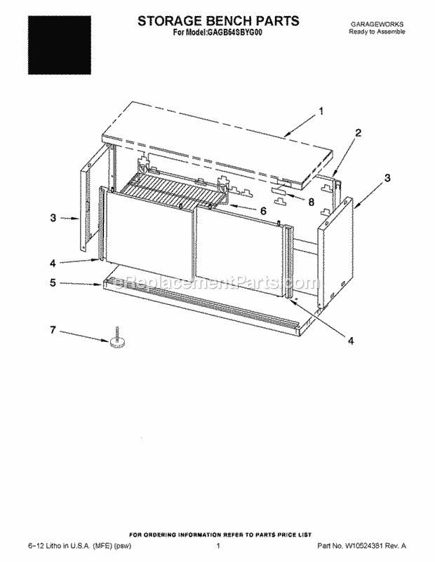 Whirlpool GAGB54SBYG00 Garageworks Ready to Assemble Storage Bench Parts Diagram