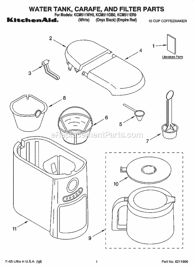 Whirlpool KCM511ER0 10 Cup Coffeemaker Water Tank, Carafe, and Filter Parts Diagram