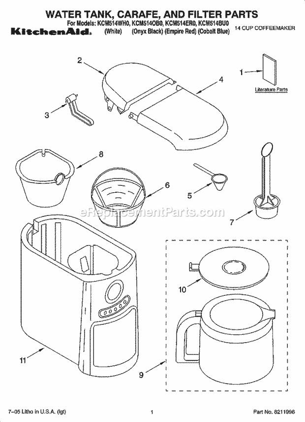 Whirlpool KCM514BU0 14 Cup Coffeemaker Water Tank, Carafe, and Filter Parts Diagram