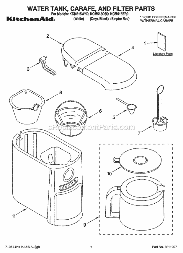Whirlpool KCM515WH0 10 Cup Coffemaker With Thermal Carafe Water Tank, Carafe, and Filter Parts Diagram