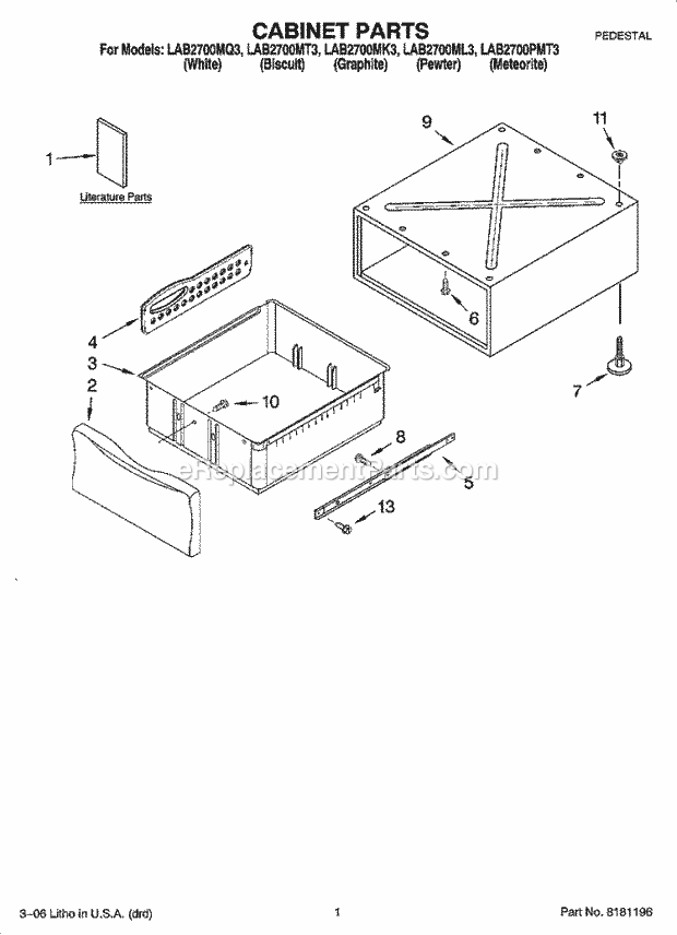 Whirlpool LAB2700MK3 Pedestal Cabinet Parts Diagram