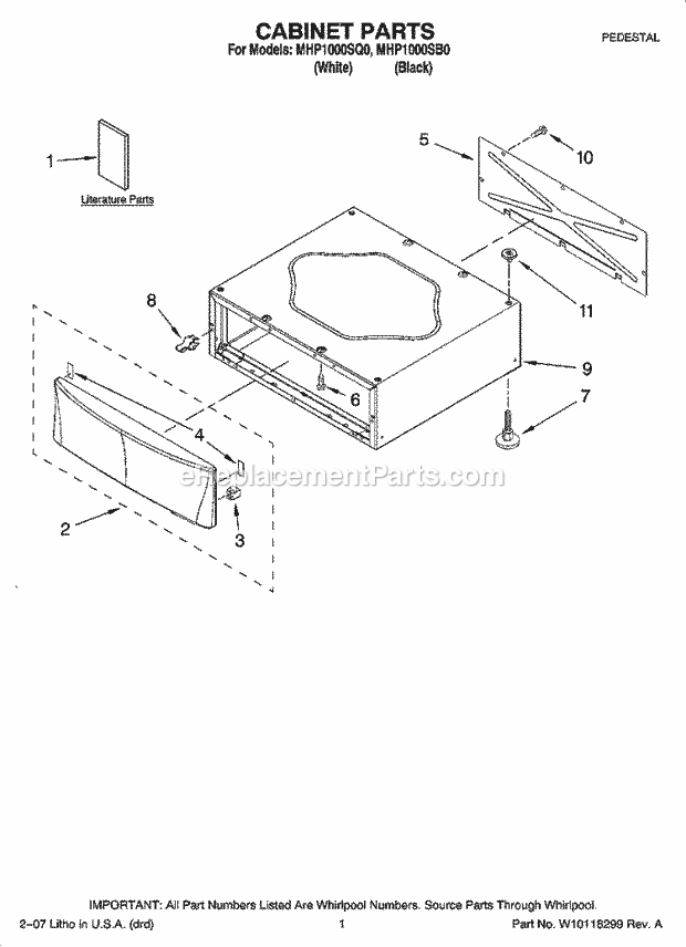 Whirlpool MHP1000SB0 Pedestal Cabinet Parts Diagram