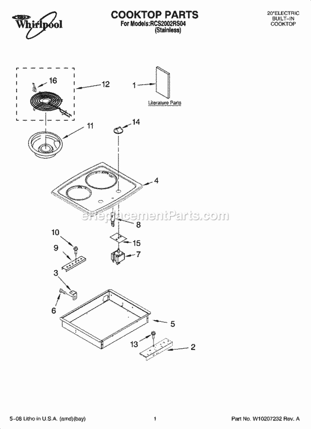 Whirlpool RCS2002RS04 Electric Counter Unit Cooktop Parts, Optional Parts Diagram
