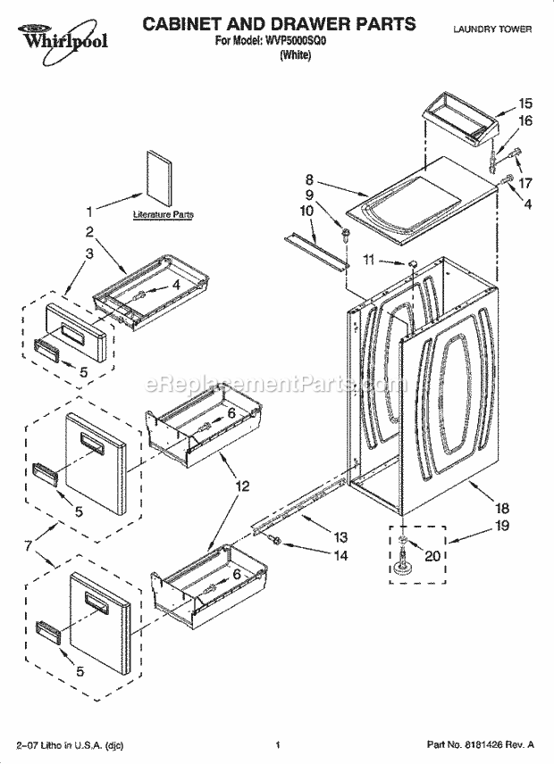 Whirlpool WVP5000SQ0 Laundry Tower Cabinet and Drawer Parts Diagram