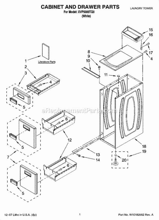 Whirlpool XVP5000TQ0 Laundry Tower Cabinet and Drawer Parts Diagram
